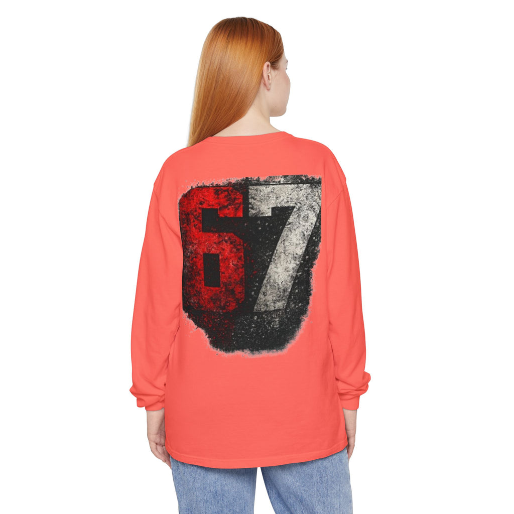 67 Graphic Long Sleeve T-Shirt — Distressed Red & Black Number Backprint