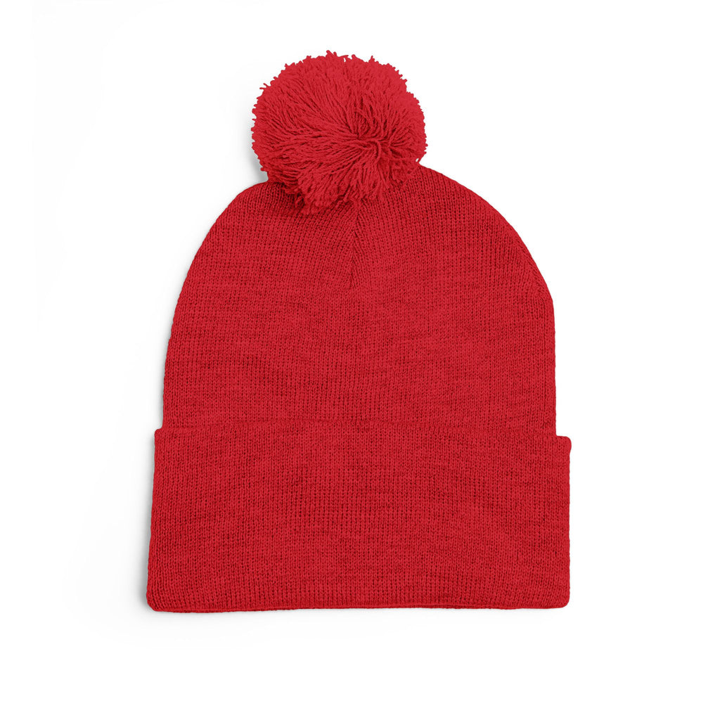 Embroidered Pom-Pom Knit Cap — Cozy Winter Beanie with Fold-Over Cuff