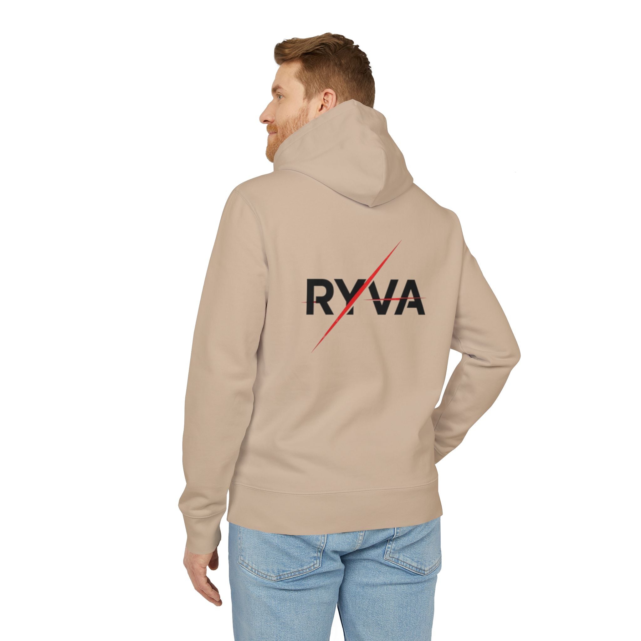 Ryva Logo Hoodie — Minimalist White Pullover with Front Emblem & Back Lightning Wordmark