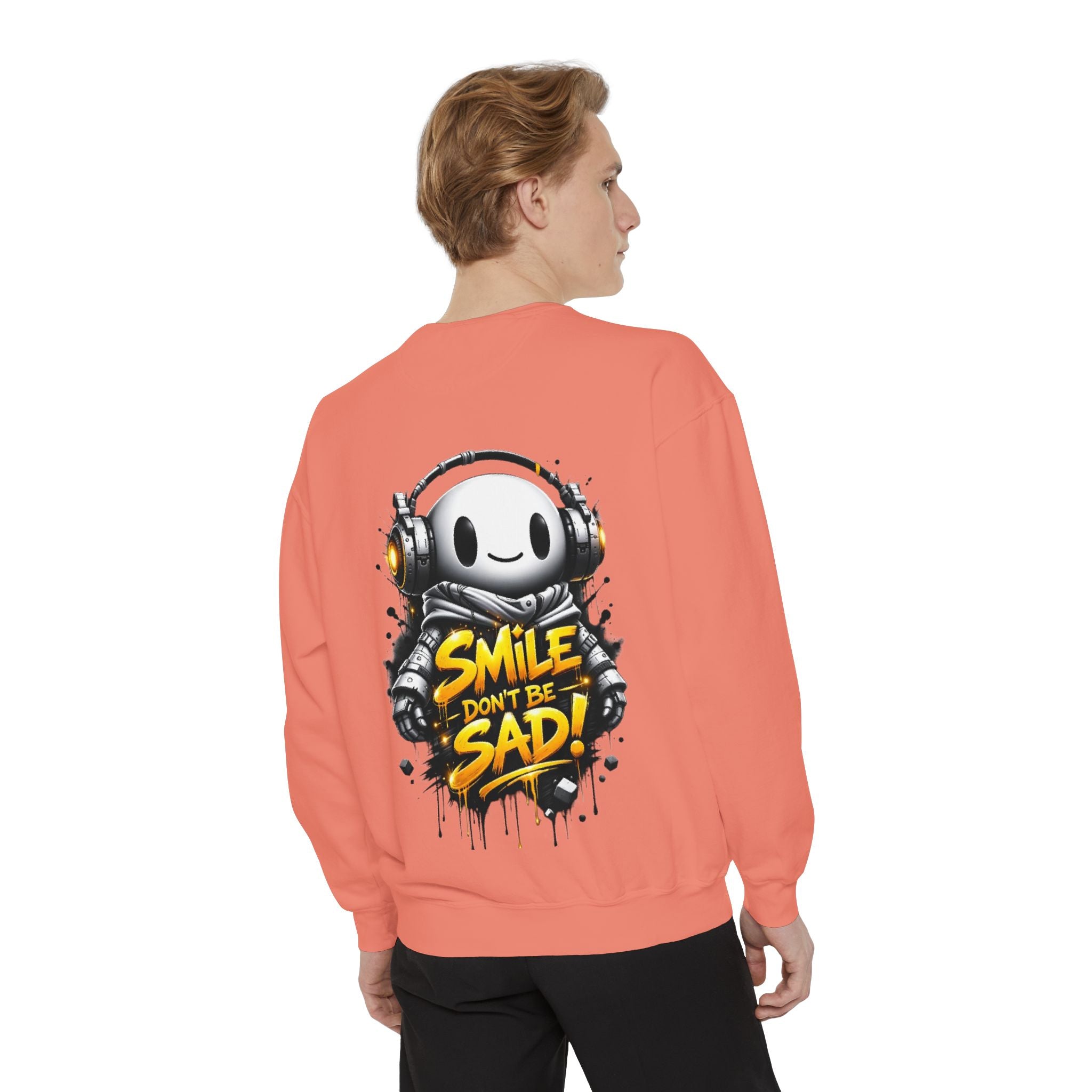 Smile Don't Be Sad Sweatshirt — Cute Headphone Character Graphic Crewneck