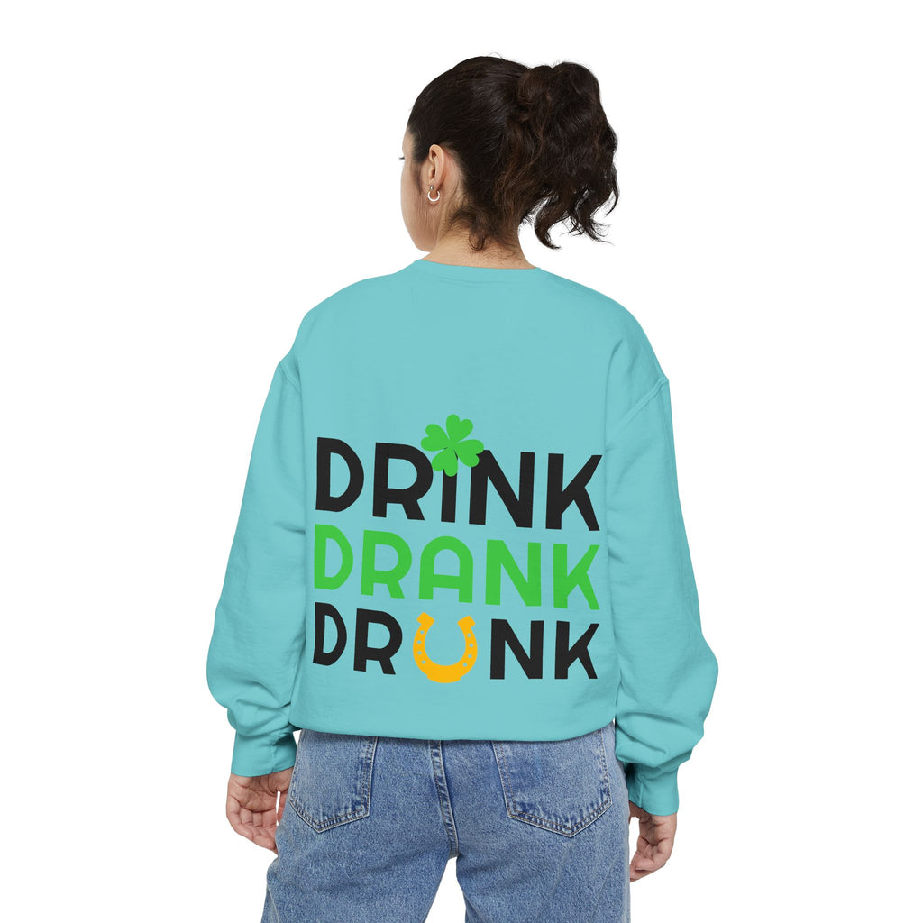 Drink Drank Drunk Sweatshirt — St. Patrick’s Day Shamrock & Horseshoe Crewneck