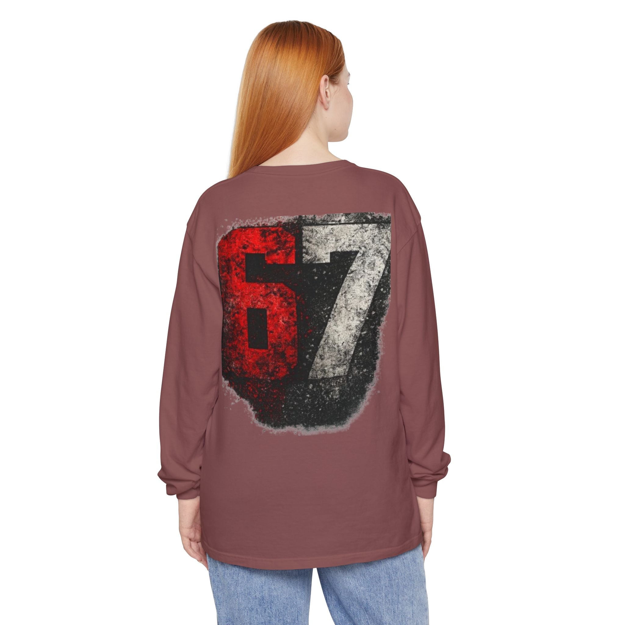 67 Graphic Long Sleeve T-Shirt — Distressed Red & Black Number Backprint