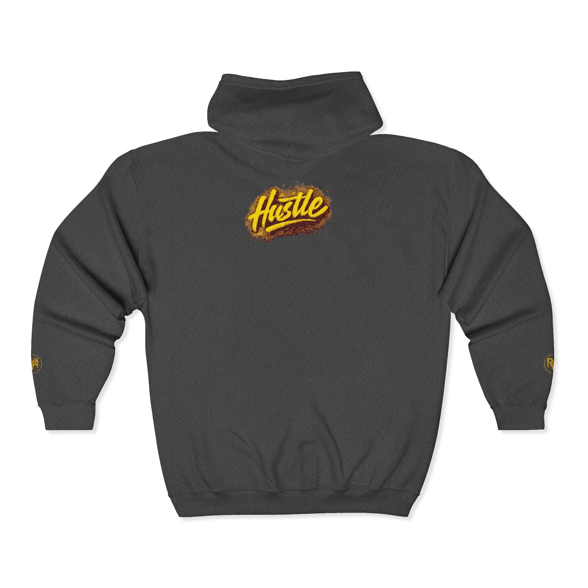 Hustle Logo Zip Hoodie — Vintage Gold 'Hustle' Graphic Full-Zip Sweatshirt