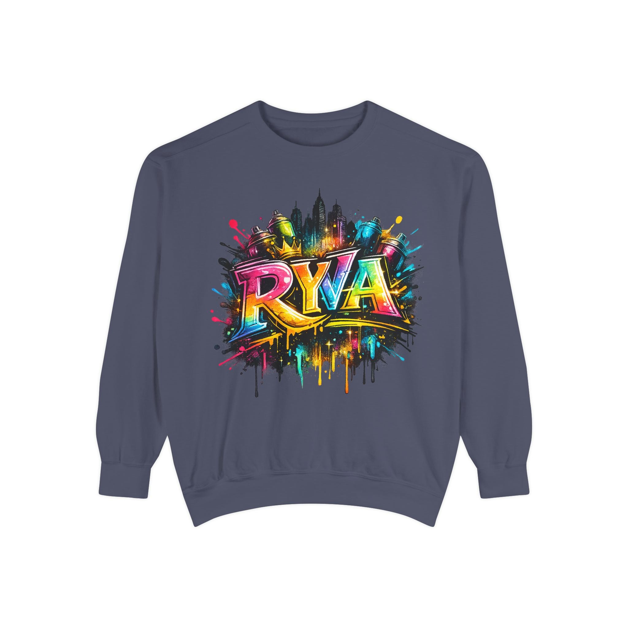 Graffiti Skyline Sweatshirt — Colorful "RYA" Urban Streetwear Crewneck