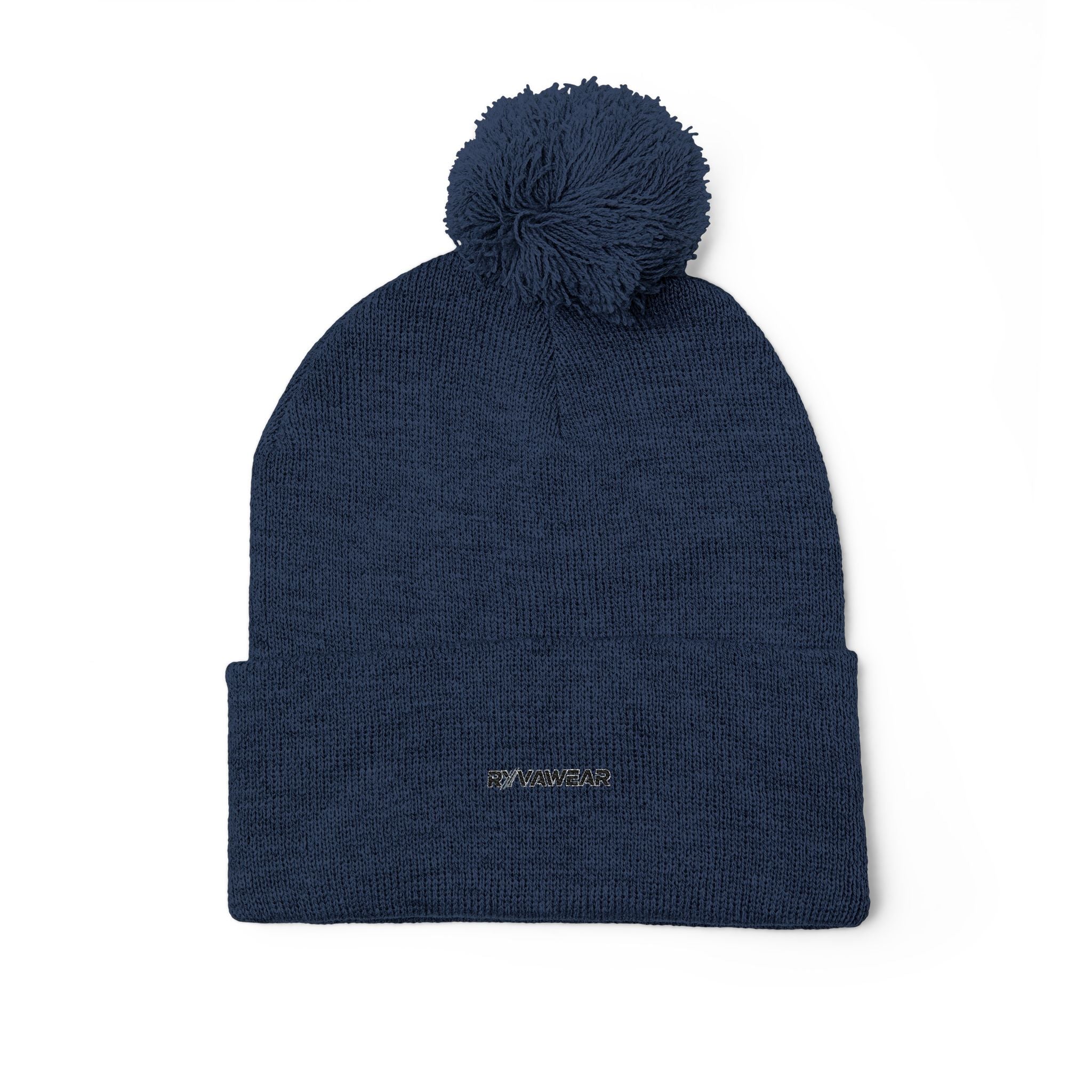Embroidered Pom-Pom Knit Cap — Cozy Winter Beanie with Fold-Over Cuff
