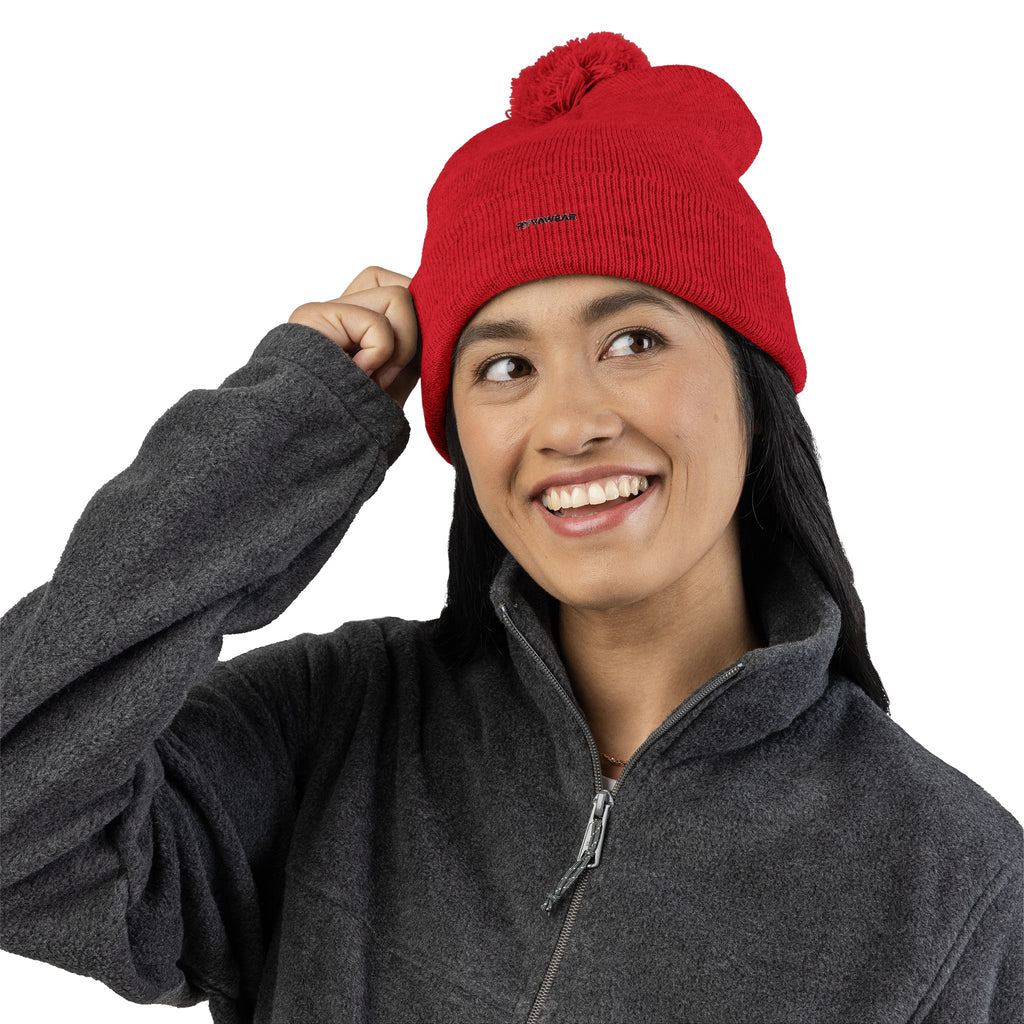 Embroidered Pom-Pom Knit Cap — Cozy Winter Beanie with Fold-Over Cuff