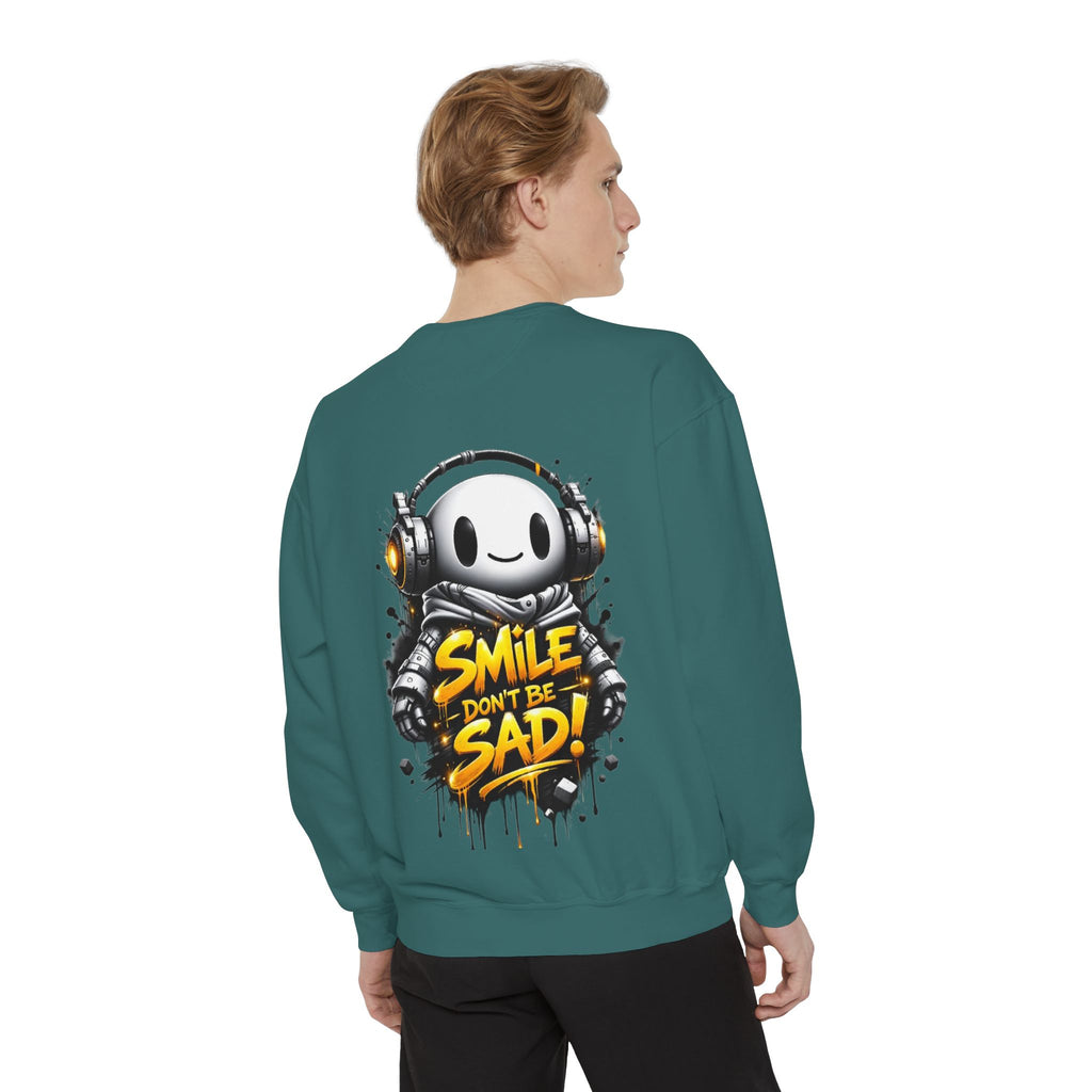 Smile Don't Be Sad Sweatshirt — Cute Headphone Character Graphic Crewneck