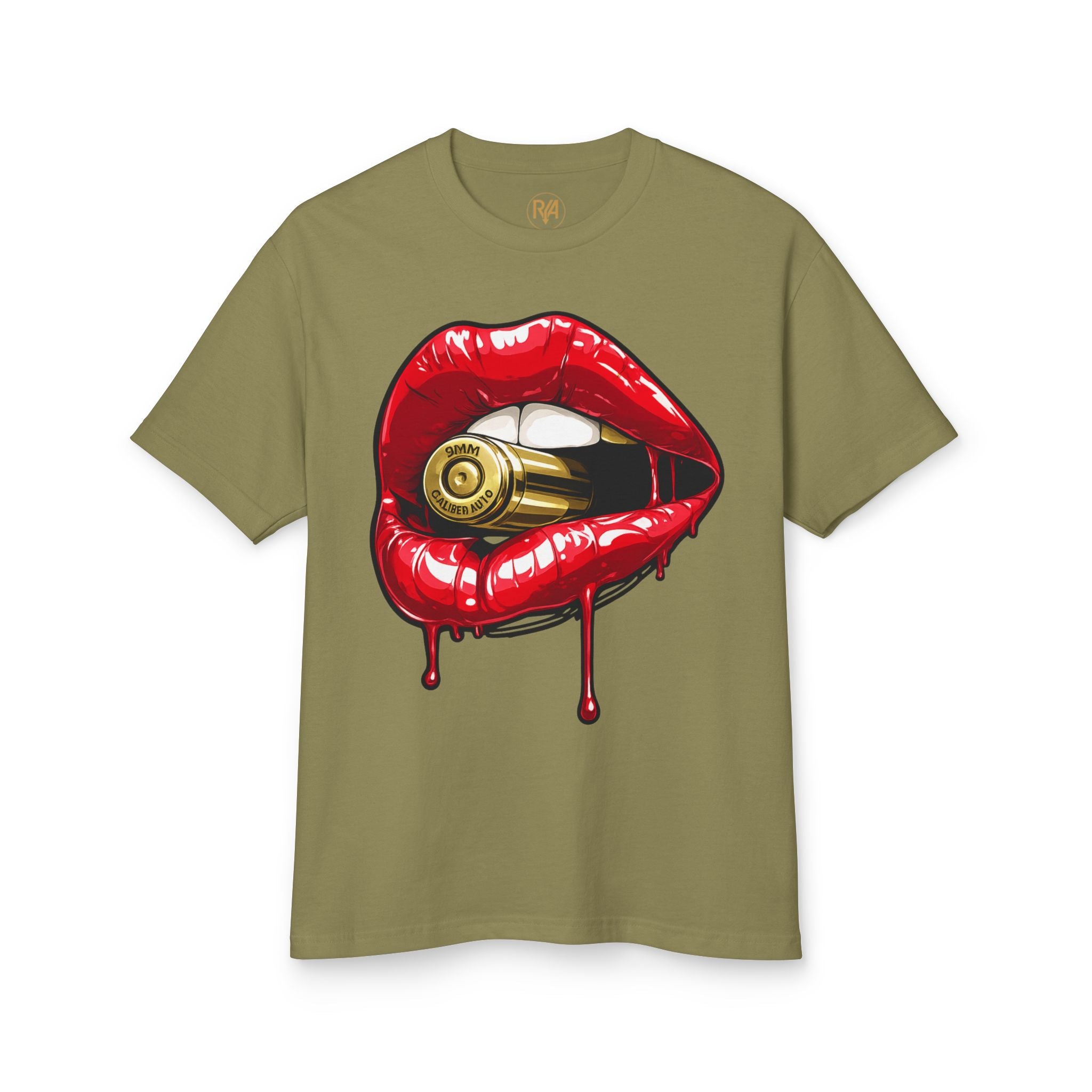 Graphic Tee — Red Dripping Lips Holding Bullet | Edgy Streetwear T-Shirt