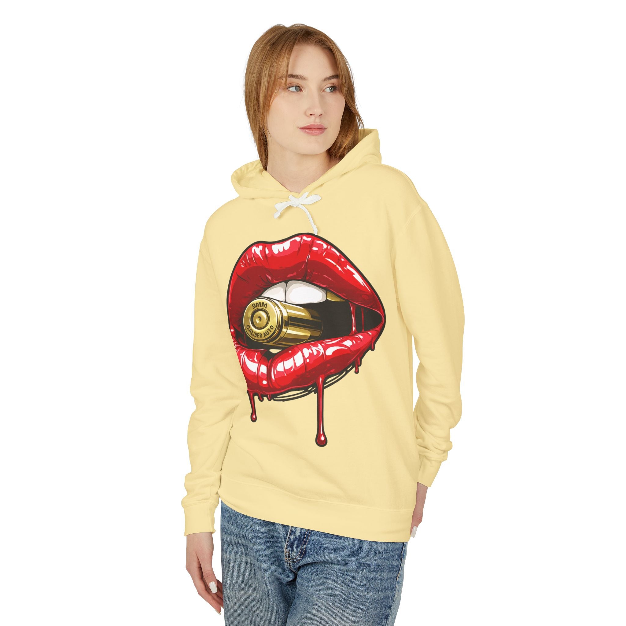 Graphic Hoodie — Red Dripping Lips Holding Bullet Print