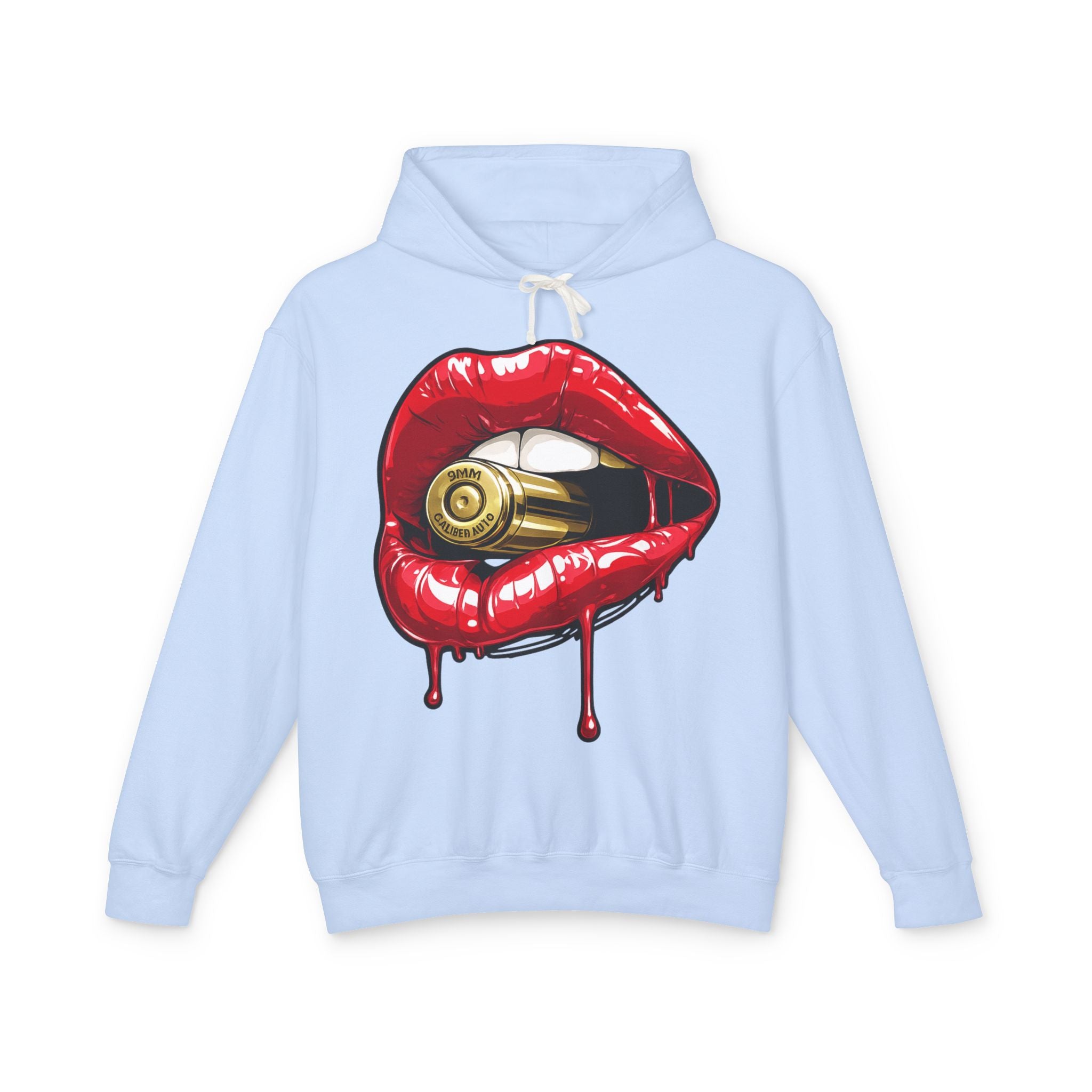 Graphic Hoodie — Red Dripping Lips Holding Bullet Print