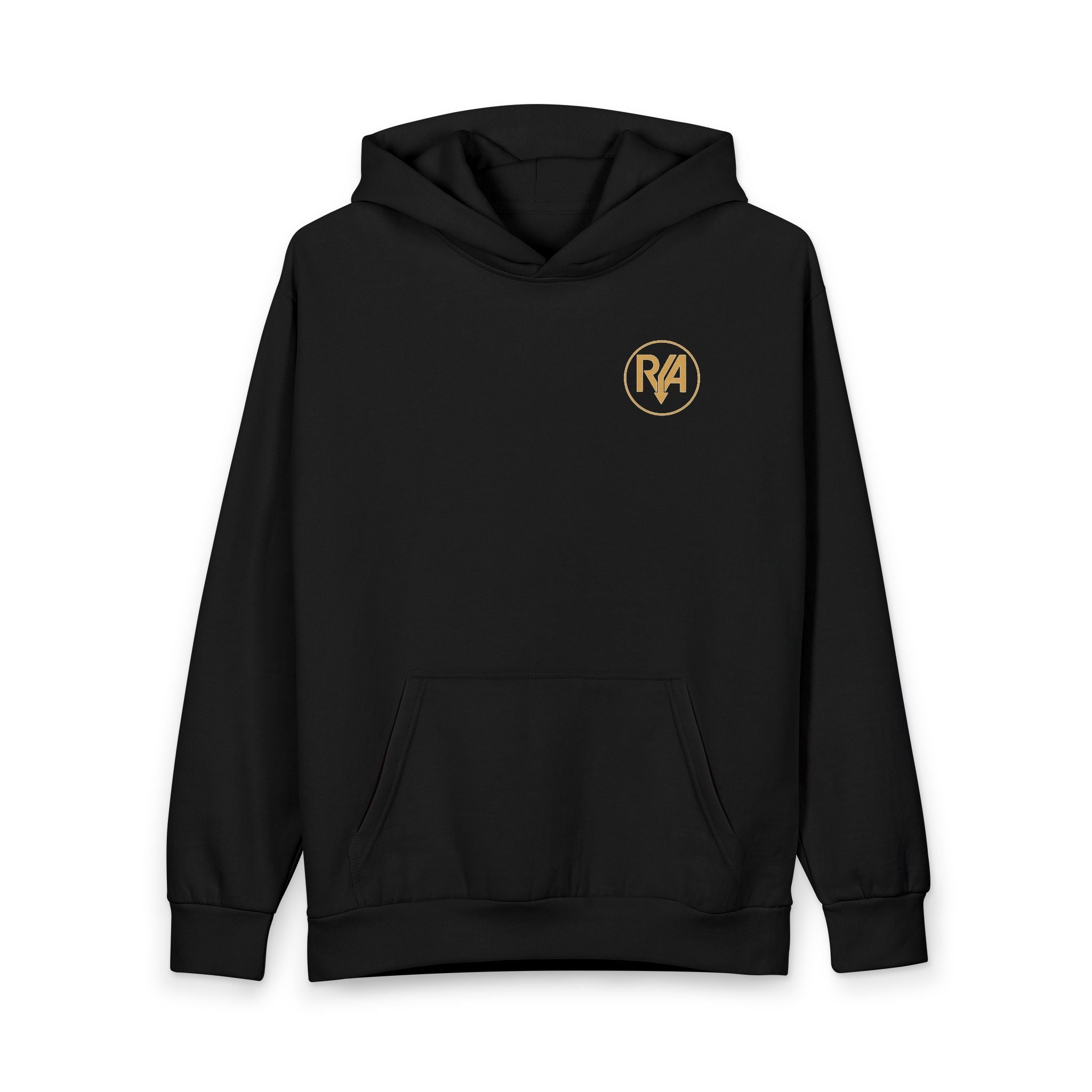 RA Minimalist Logo Hoodie — White Pullover with Gold Crest