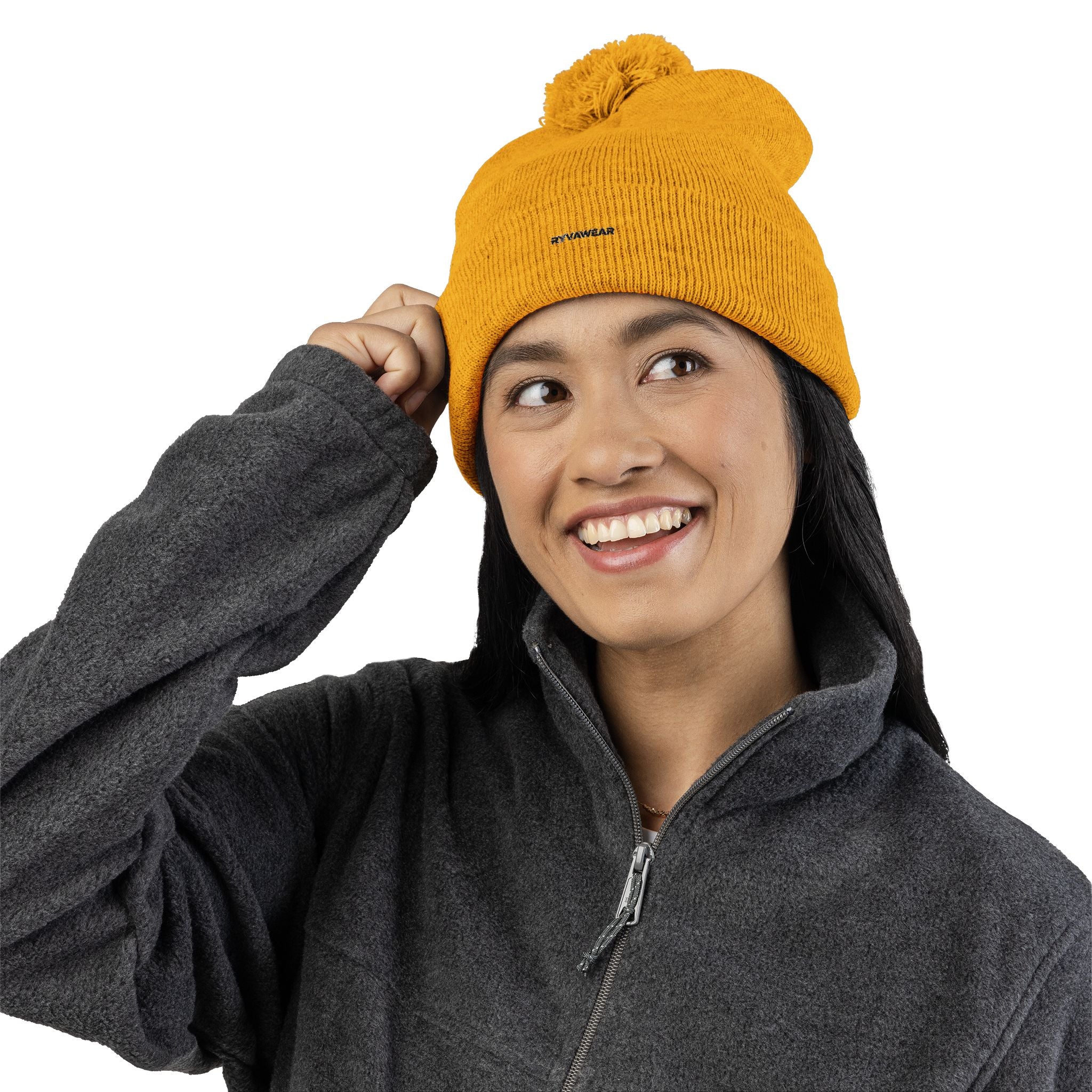 Embroidered Pom-Pom Knit Cap — Cozy Winter Beanie with Fold-Over Cuff