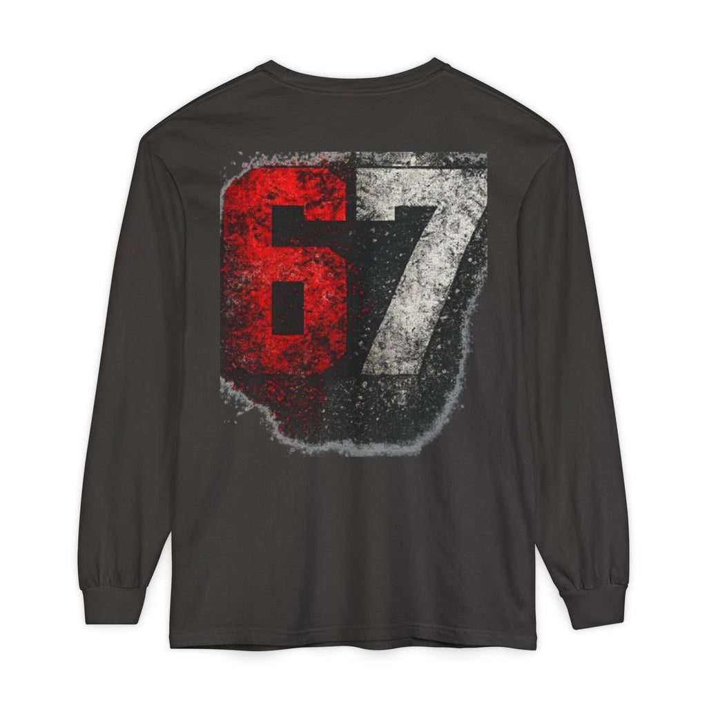 67 Graphic Long Sleeve T-Shirt — Distressed Red & Black Number Backprint